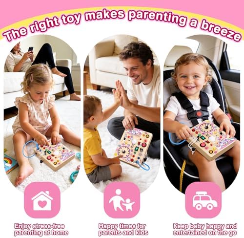 Packaging box of the authentic Grarain Unicorn Busy Board showing product dimensions and safety certifications.