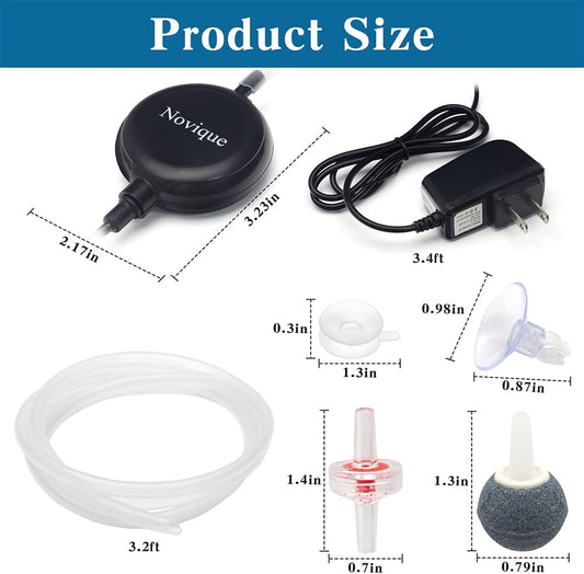 Novique aquarium air pump showing compact black design