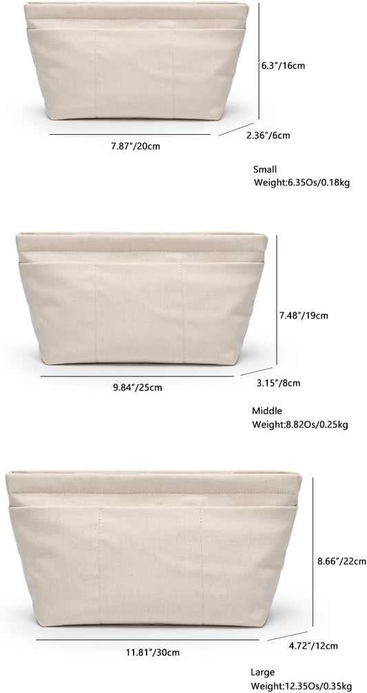 YONBEN canvas handbag liner bag in bag divider showing large interior compartment zipped open