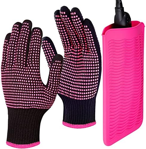 Fandamei silicone travel case and textured heat proof gloves showing the non-slip wave design for straighteners and curling irons.