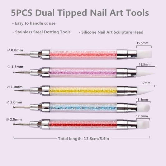 Close up of five stainless steel metal ball tips for precise manicure detailing