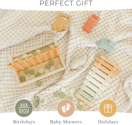 Brooklyn Neutral gender neutral birthday gift packaging showing the premium wooden eight note musical toy set