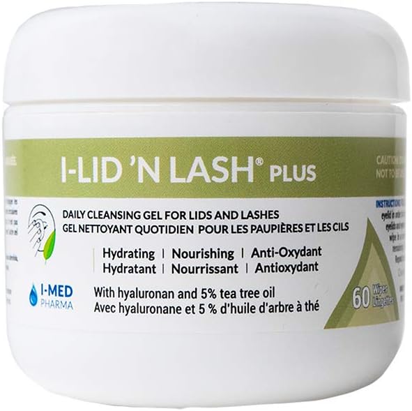 I-Med Pharma I-Lid 'N Lash Plus 60 pre-moistened daily eyelid cleansing wipes jar front view
