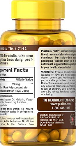 Puritan's Pride Royal Jelly 500mg nutrition facts and ingredient list side label display