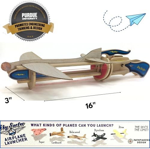 Side profile of the durable wooden paper airplane launcher detailing the adjustable propulsion thruster slots.
