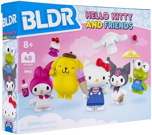 Articulated Hello Kitty building block figure with her sweet treat accessory on a display base.