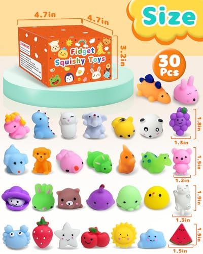 Kawaii style goodie bag stuffers featuring mini squishies arranged for a birthday party setup.