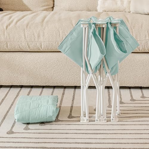 Close up view of the Regalo toddler cot canvas sleeping surface with its premium water resistant quilted sheet attached securely over the frame.