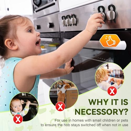 Five pack of black stove knob covers for kitchen safety