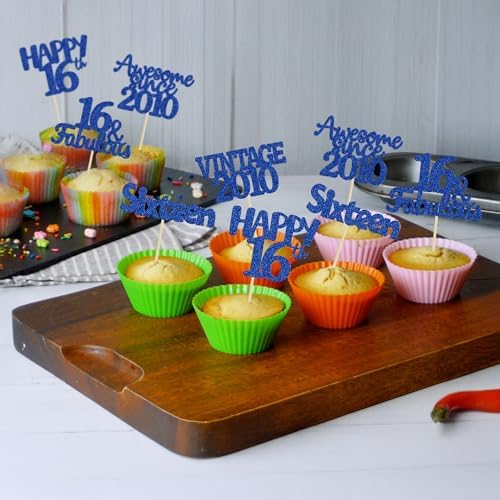 Blue glitter happy 16th birthday cake picks isolated