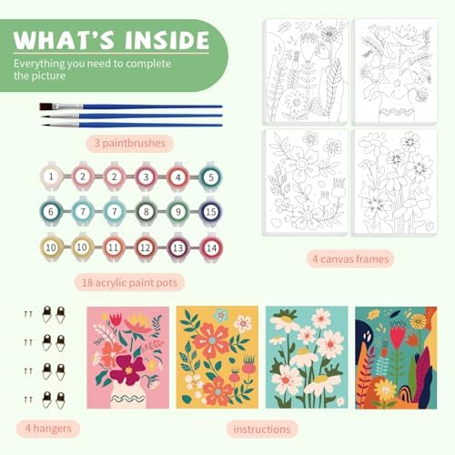 Goldentime flower paint by number set displaying eighteen acrylic paint pots and three brushes.