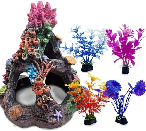 Pinvnby colorful coral mountain ornament with artificial aquatic plants inside a clean aquarium