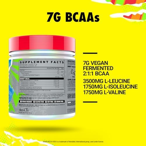 GHOST BCAA Powder Amino Acids Supplement, Sour Patch Kids Blue Raspberry - 30 Servings - Sugar-Free Intra, Post & Pre Workout Amino Powder & Recovery Drink, 7G BCAA - Image 3