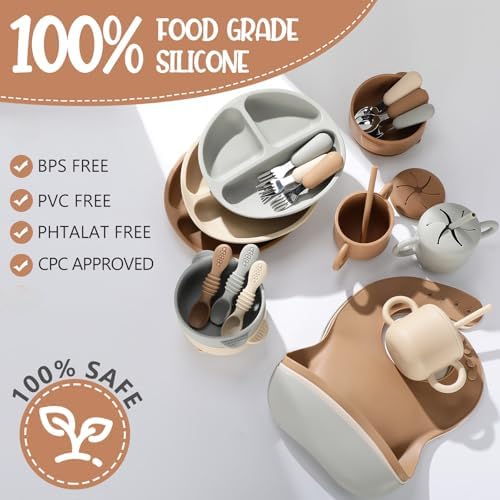 Yinder silicone baby weaning plates and bowls in neutral colors