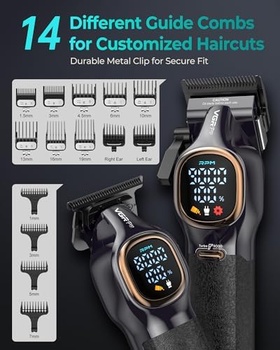 VGRPRO high-powered 9000 RPM hair clipper set showing all included grooming accessories and USB charging cables.