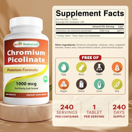 Best Naturals Chromium Picolinate 1000 micrograms bottle highlighting carbohydrate and fat metabolism benefits