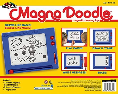 Cra-Z-Art magnetic drawing board being held by the side handle to demonstrate its lightweight travel portability.