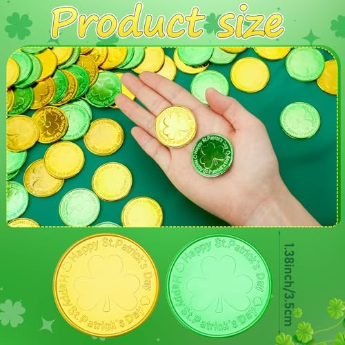 Close up view of MARFOREVER green and gold leprechaun coins showcasing the embossed three leaf clover pattern.