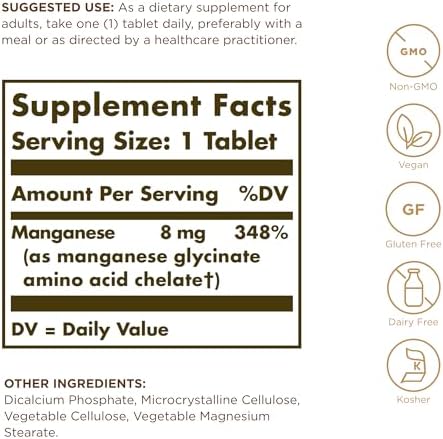 Solgar Chelated Manganese tablets nutritional information label