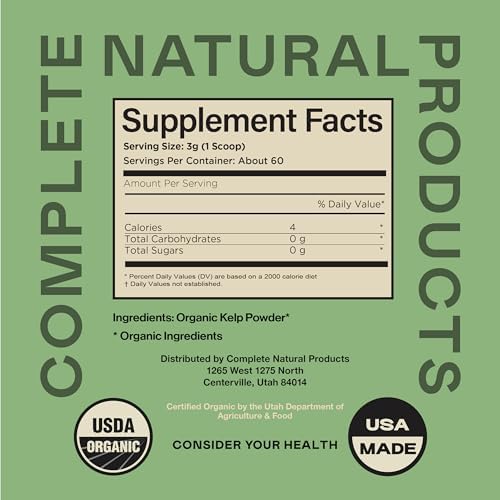 Complete Natural Products pure sea kelp container highlighting 75 servings for thyroid and digestion support.