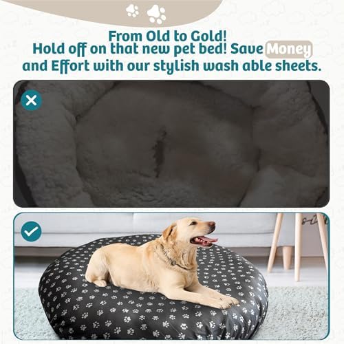 Washable dog bed cover rolled neatly next to its packaging bag