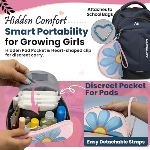 The Bloom menstrual starter kit showing waterproof pink storage bag and accessories