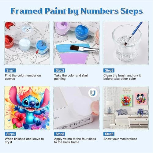 Complete contents of the four pack cartoon paint by numbers bundle laid out on a table.