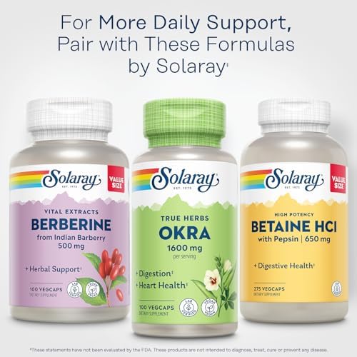 Full product packaging of Solaray high fiber okra supplement for digestive wellness support.
