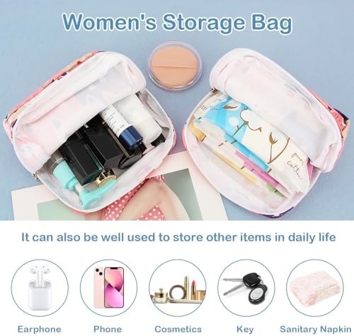Open menstrual pouch showing internal compartments for tampons and napkins