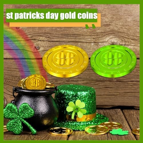 Complete 50 piece set of green and gold Irish theme party tokens organized neatly.