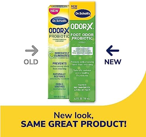 Back label of Dr. Scholl's probiotic foot spray showing ingredients and microbiome benefits