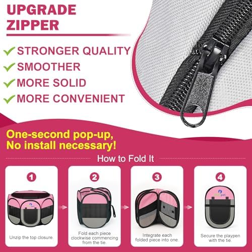 Playpen for Small Dogs Cats Crate: Puppy Play Pen Indoor Outdoor Foldable Potable Exercise Cage Pop up Kennel for Guinea Pig Rabbits Hamster Travel with Carrying Case & Food Bowl (Pink, M, 1) - Image 8