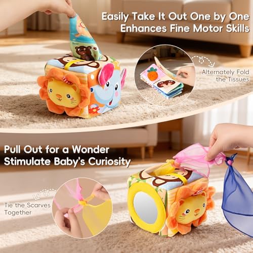 Infant hands pulling a vibrant blue mesh scarf from the Montessori tissue box toy