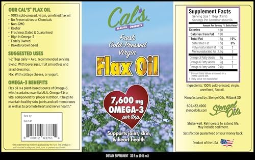 Cal's virgin unrefined flax oil bottle display emphasizing vegan friendly source of alpha linolenic acid