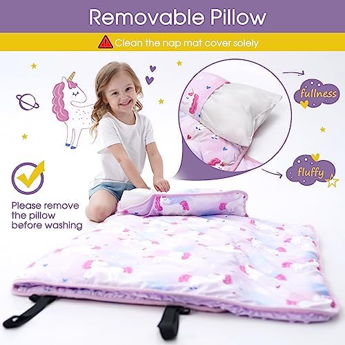 BORPRES toddler sleep mat unrolled on a kindergarten cot showing full blanket coverage