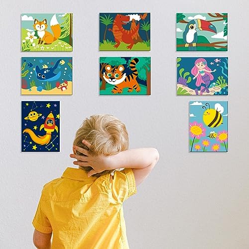 Packaging layout of the Goldentime pre drawn kids painting kit highlighting forty eight paints and two wooden supports