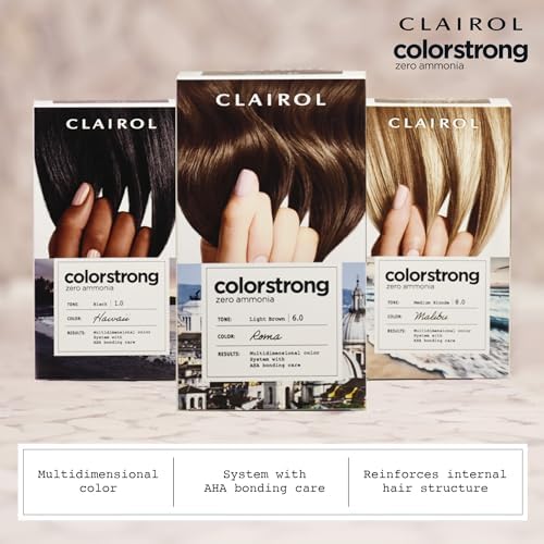 Close up of Clairol ColorStrong zero ammonia formula tube and mixing application bottle.