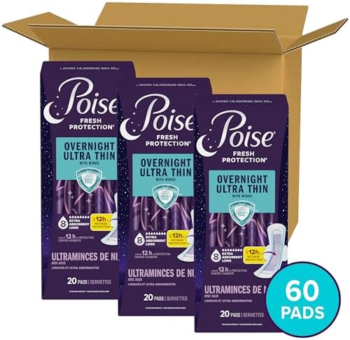 Poise Overnight Ultra Thin Postpartum Pads with Wings showing the long length layout and extended rear coverage