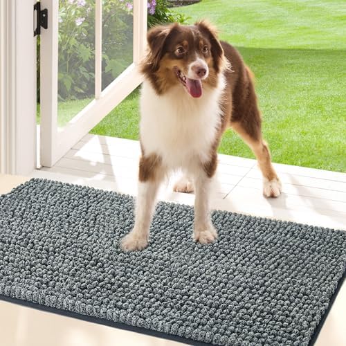 High-low microfiber pet rug absorbing moisture from muddy paws
