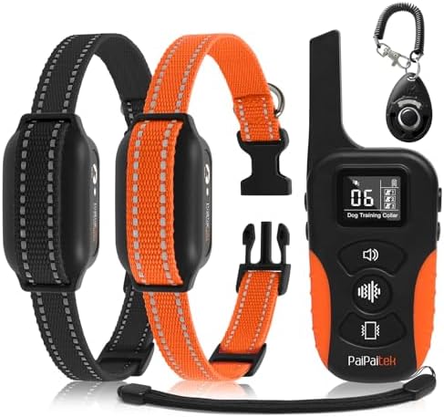 PaiPaitek no shock dog training collar kit displayed with orange and black waterproof receivers.
