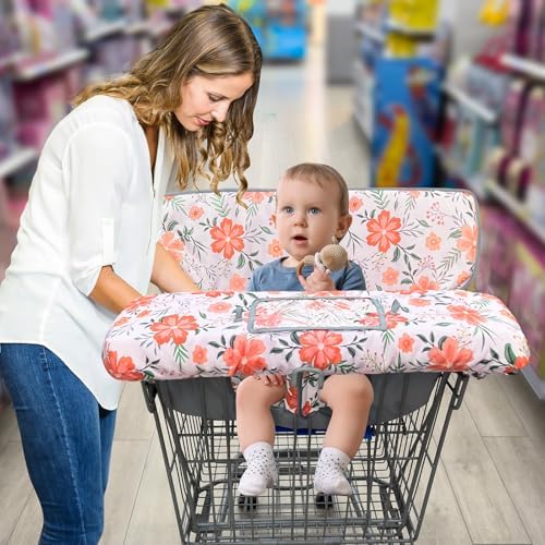 Infant girl sitting comfortably inside the floral pattern machine washable seat cover