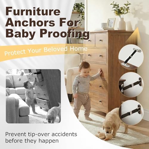 OKETHERMO anti tip straps installed on the back of a wooden dresser for child safety