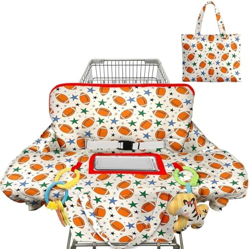 Soft padded baby boy and girl cart cover highlighting the built-in toy loops and durable material stitching.