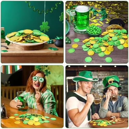 Complete packaging overview of the eighty piece MARFOREVER St Patricks Day plastic coin set for event decorations.