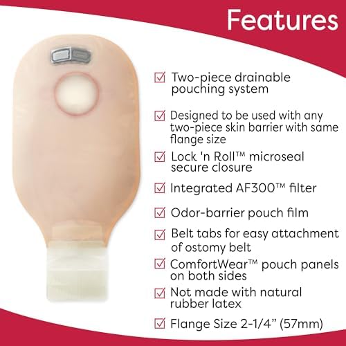 Hollister 18193 colostomy bag showing the integrated filter and red color code flange