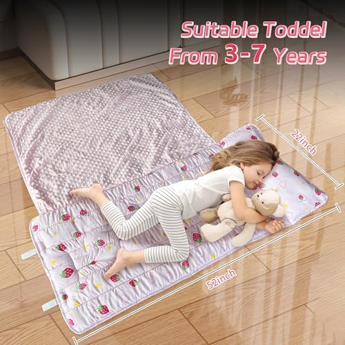 Googgoing premium kids travel mat spread out flat on a preschool cot bed showing extended dimensions