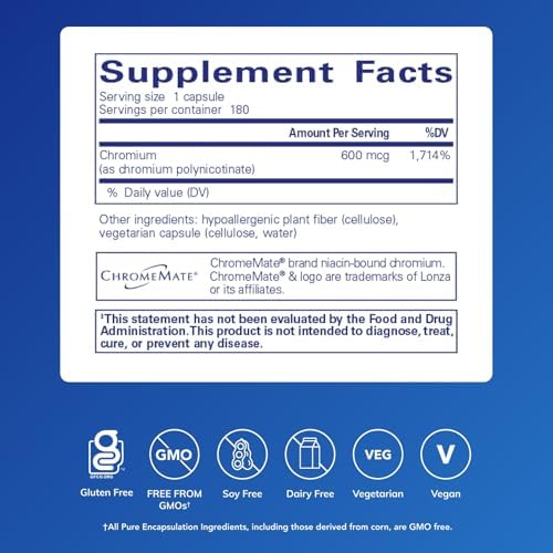 Pure Encapsulations non GMO gluten free chromium supplement bottle standing on clean background