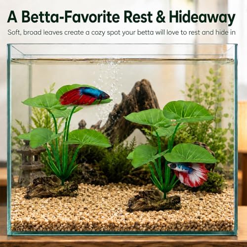Authentic USA imported UreverFins silk aquarium plants inside a decorated 5-gallon tank setup.