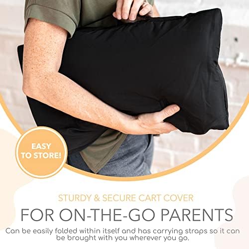 Infant sitting comfortably inside the cushioned Binxy Baby 360 degree germ protection trolley cover