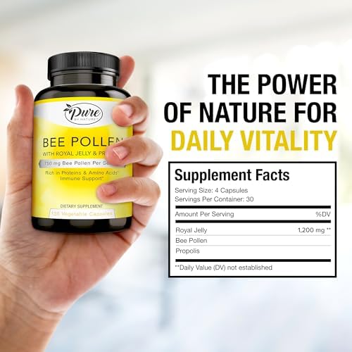 Pure By Nature non-GMO bee pollen wellness capsules close up shot